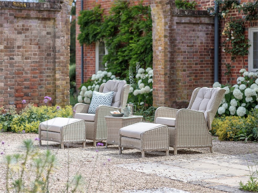 Chedworth Sandstone Rattan Recliner Set with 2 Footstools & Side Table