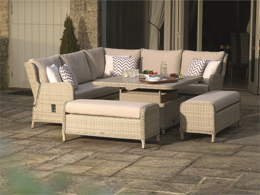 Chedworth Sandstone Rattan Reclining Corner Sofa with Square Dual Height Table & 2 Benches