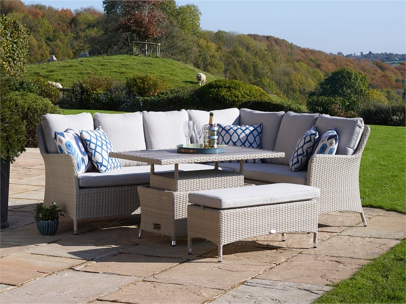 Tetbury Nutmeg Rattan L-Shape Sofa with Rectangle Dual Height, Tree-Free Top Table & Bench