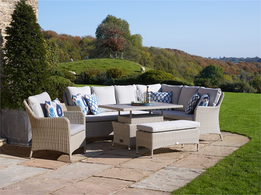 Tetbury Nutmeg Rattan L-Shape Sofa with Rectangle Dual Height, Tree-Free Top Table, Armchair & Bench