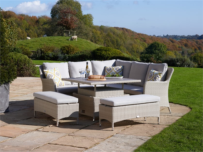 Tetbury Nutmeg Rattan Corner Sofa with Square Dual Height Tree-Free Top Table & 2 Benches