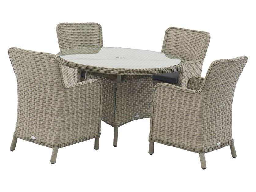 Sussex Rattan 4 Seat Round Dining Set with Parasol & Base