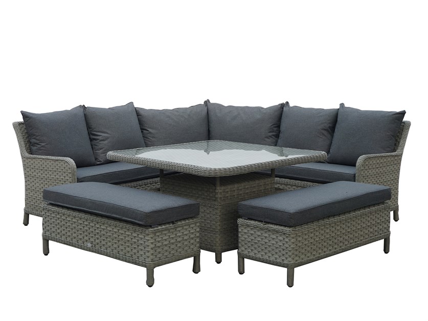 Sussex Rattan Corner Sofa with Square Dual Height Table & 2 Benches
