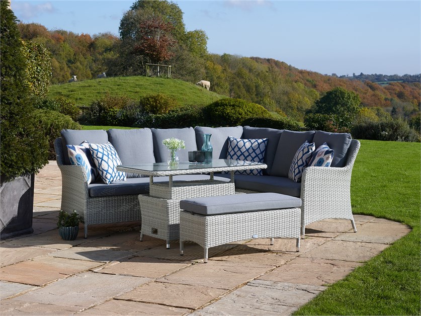 Tetbury Cloud Rattan L-Shape Sofa with Rectangle Dual Height, Glass Top Table & Bench