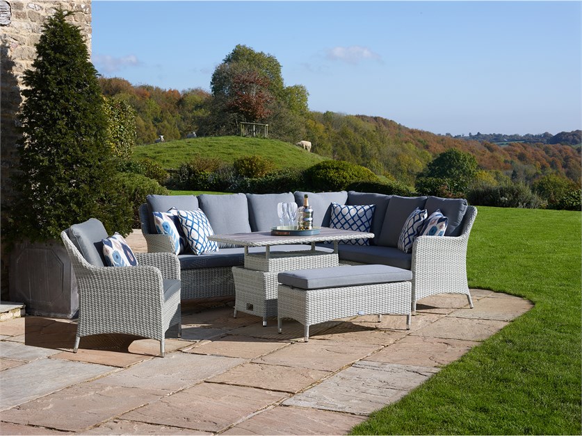 Tetbury Cloud Rattan L-Shape Sofa with Rectangle Dual Height, Tree-Free Top Table, Armchair & Bench