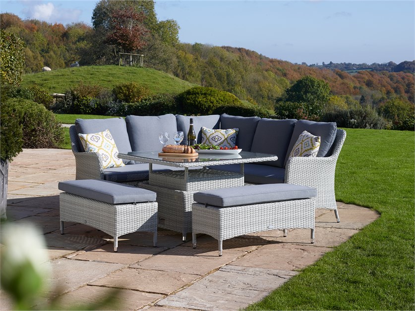 Tetbury Cloud Rattan Corner Sofa with Square Dual Height Glass Top Table & 2 Benches