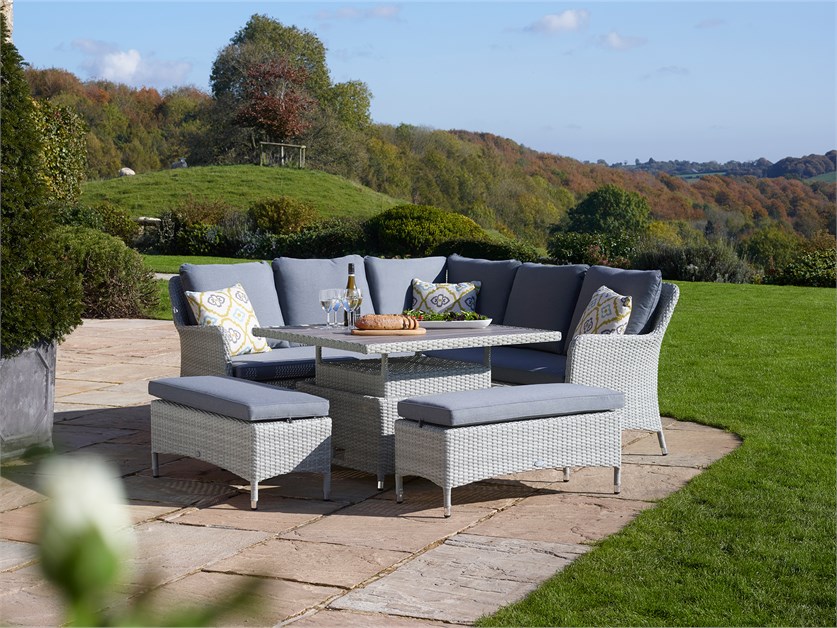 Tetbury Cloud Rattan Corner Sofa with Square Dual Height Tree-Free Top Table & 2 Benches
