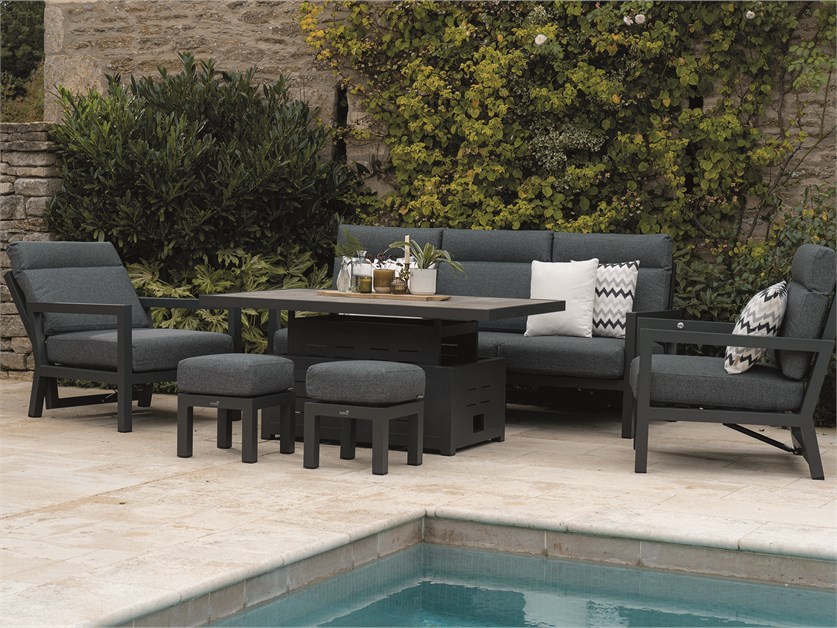La Rochelle Reclining 3 Seater Sofa with Dual Height Rectangle Table, 2 Reclining Chairs & 2 Stools (Cushions in Slate)