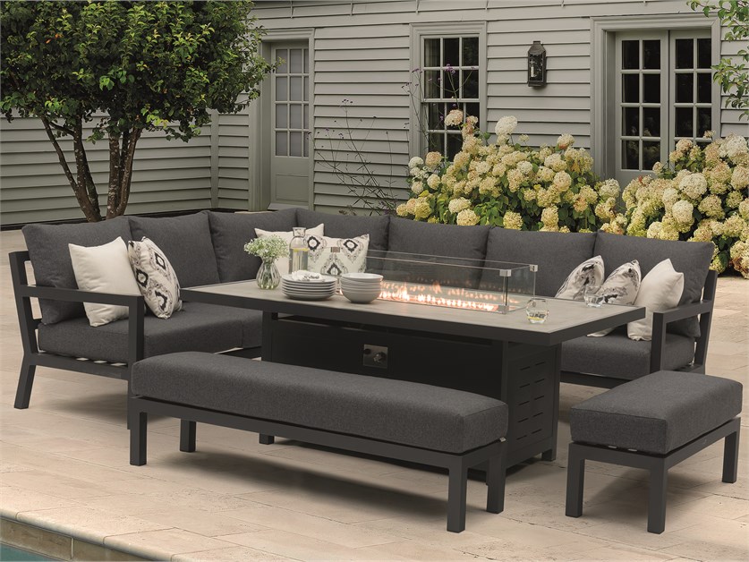 La Rochelle L-Shape Sofa with Rectangle Firepit Table, Large Bench & Standard Bench (Cushions in Slate Grey)