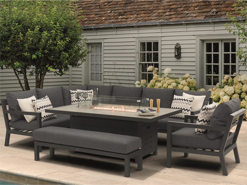 La Rochelle L-Shape Sofa with Rectangle Firepit Table, Armchair & Bench (Cushions in Slate Grey)