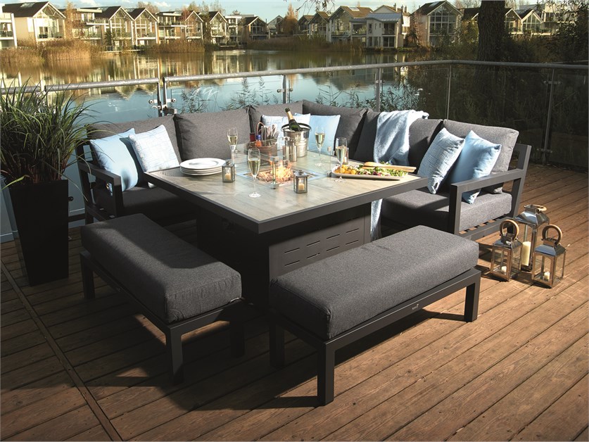 La Rochelle Corner Sofa with Square Firepit Table & 2 Benches (Cushions in Slate)