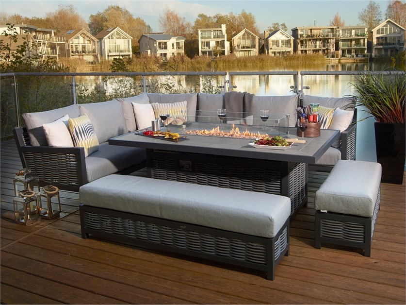 Portofino Wicker L-Shape Sofa with Rectangle Firepit Table, Large Bench & Standard Bench
