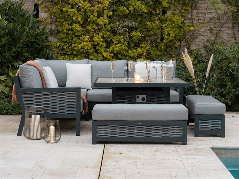 Portofino Wicker Corner Sofa with Square Firepit Table & 2 Benches