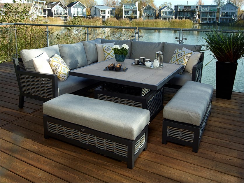 Portofino Wicker Corner Sofa with Square Dual Height Table & 2 Benches