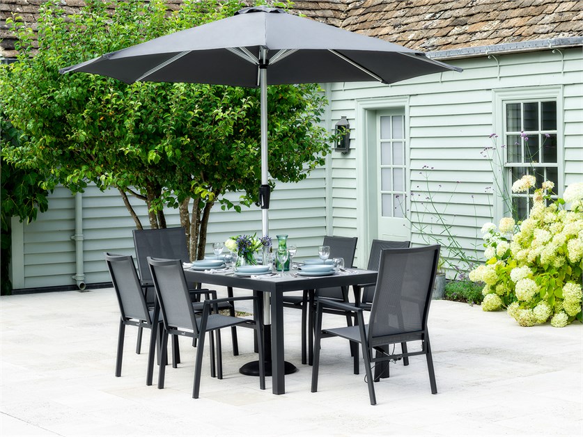 Seville Textilene 6 Seat Rectangle Dining Set, including 2 Recliners, with Parasol & Base