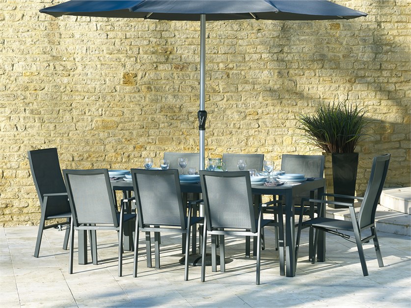 Seville Textilene 8 Seat Rectangle Dining Set, including 2 Recliners, with Parasol & Base