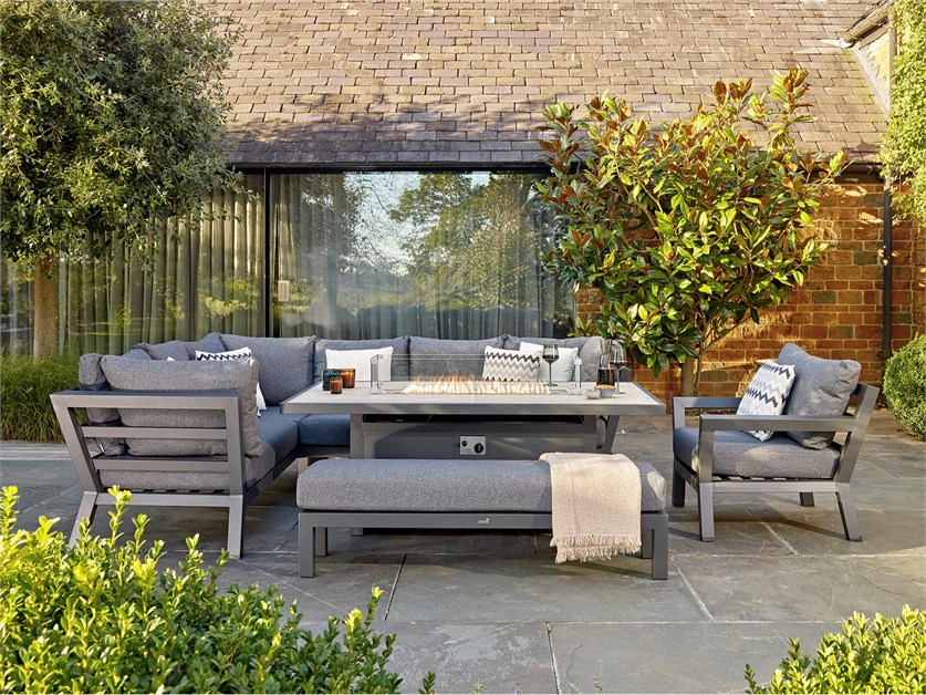 San Marino Anthracite L-Shape Sofa with Firepit Table, Armchair & Bench