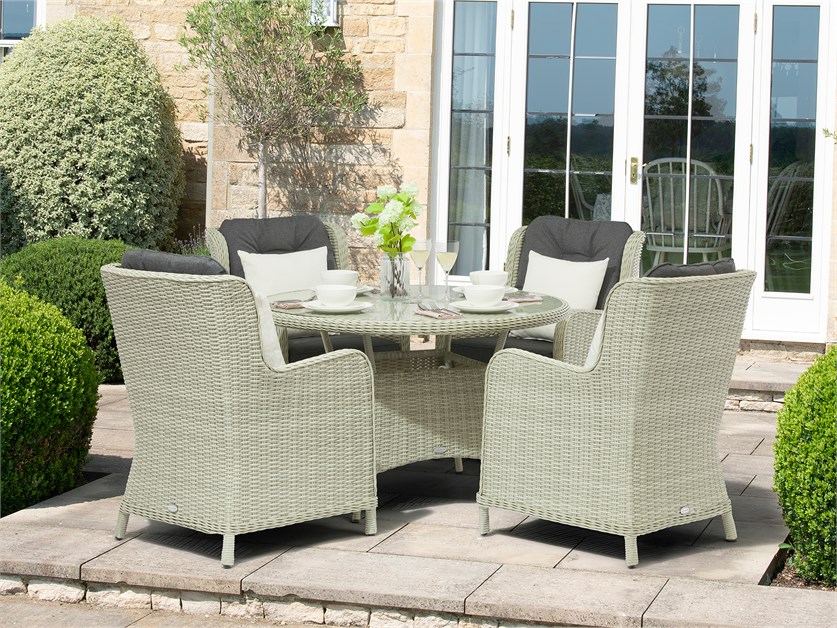 Chedworth Dove Grey Rattan 4 Seat Round Dining Set with Parasol & Base