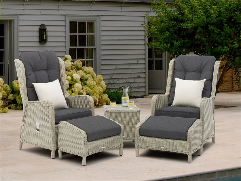 Chedworth Dove Grey Rattan Deluxe Recliner Set with 2 Footstools & Side Table