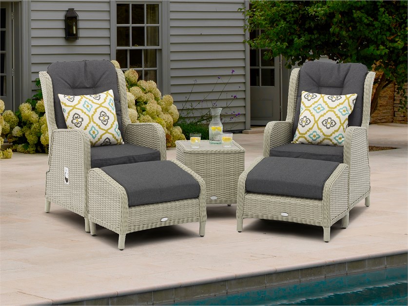Chedworth Dove Grey Rattan Recliner Set with 2 Footstools & Side Table