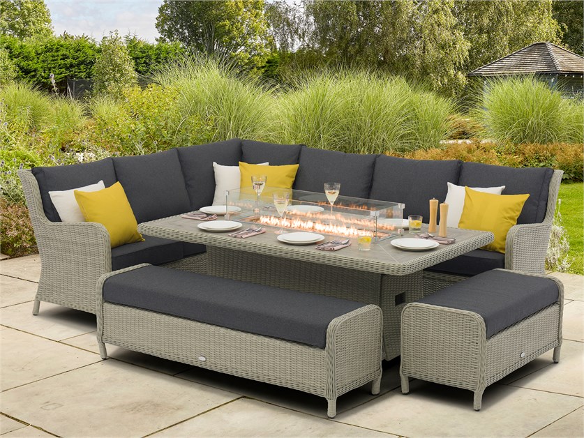 Chedworth Dove Grey Rattan L-Shape Sofa with Rectangle Firepit Table & 2 Benches