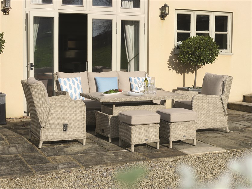 Chedworth Sandstone Rattan Reclining 3 Seater Sofa with Dual Height Rectangle Table, 2 Reclining Armchairs & 2 Stools