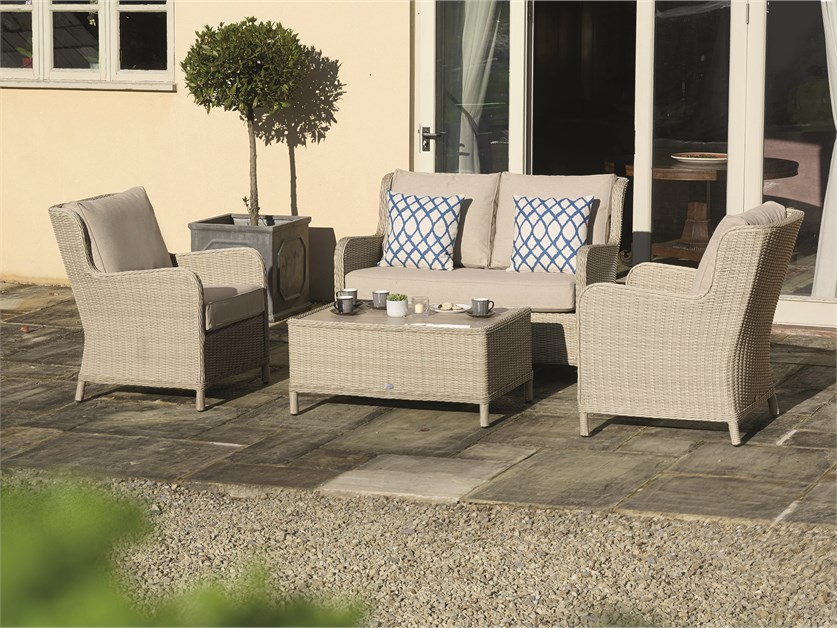 Chedworth Sandstone Rattan 2 Seater Sofa with Rectangle Coffee Table & 2 Armchairs