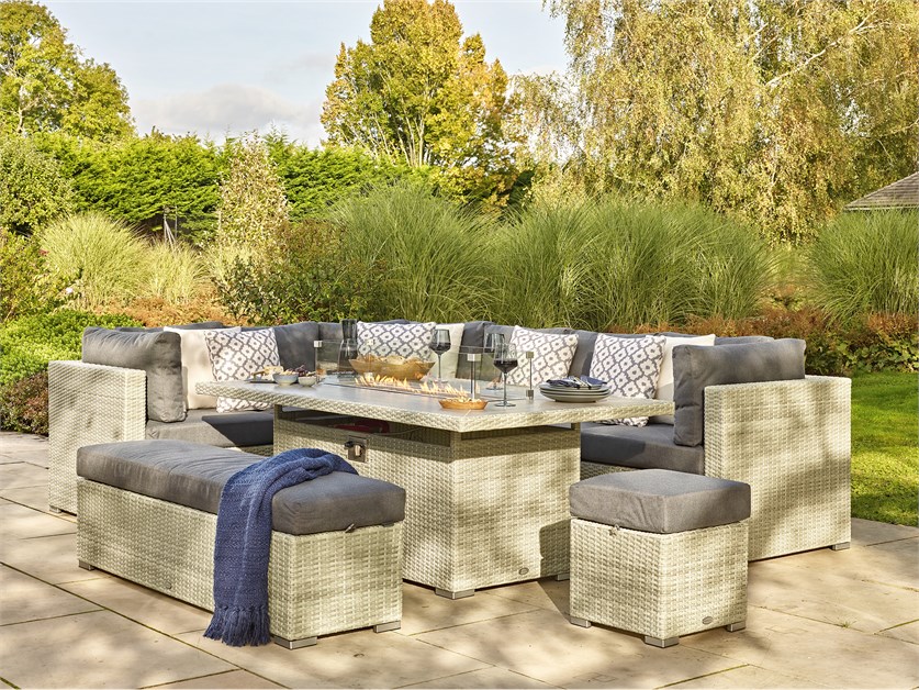 Kingscote Cloud Rattan L-Shape Sofa with Rectangle Firepit Table, Bench & Stool