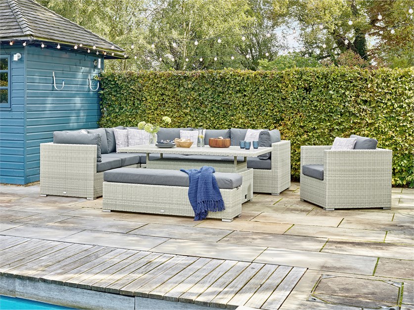 Kingscote Cloud Rattan L-Shape Sofa with Rectangle Dual Height Table, Armchair & Bench