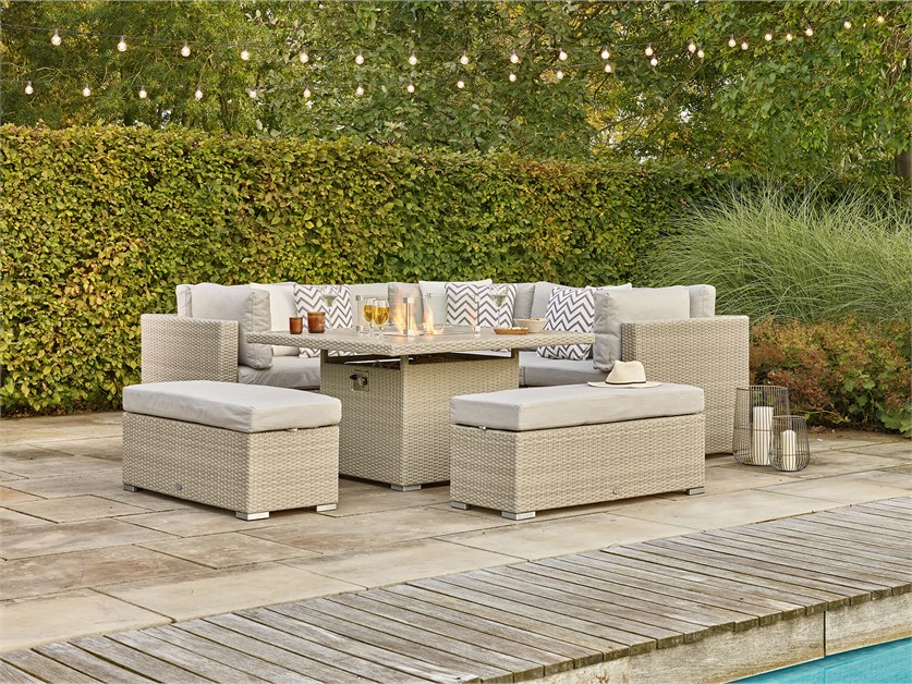 Kingscote Nutmeg Rattan Corner Sofa with Square Firepit Table & 2 Benches