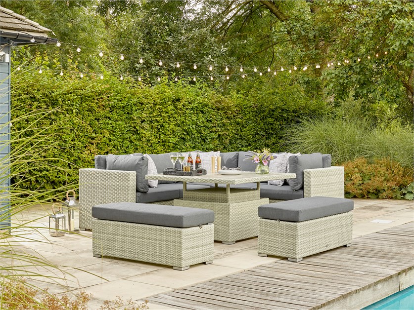Kingscote Cloud Rattan Corner Sofa with Square Dual Height Table & 2 Benches