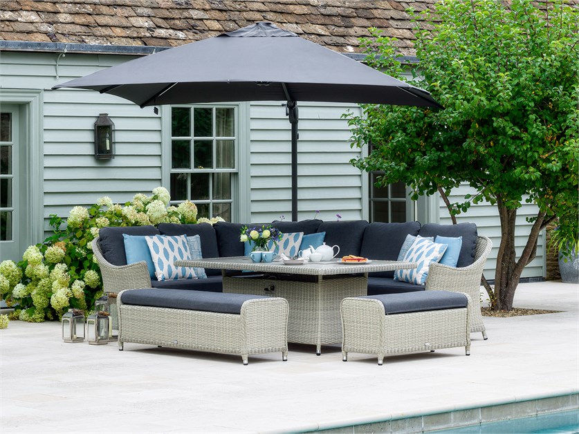 Monterey Dove Grey Rattan L-Shape Sofa with Rectangle Firepit Table & 2 Benches