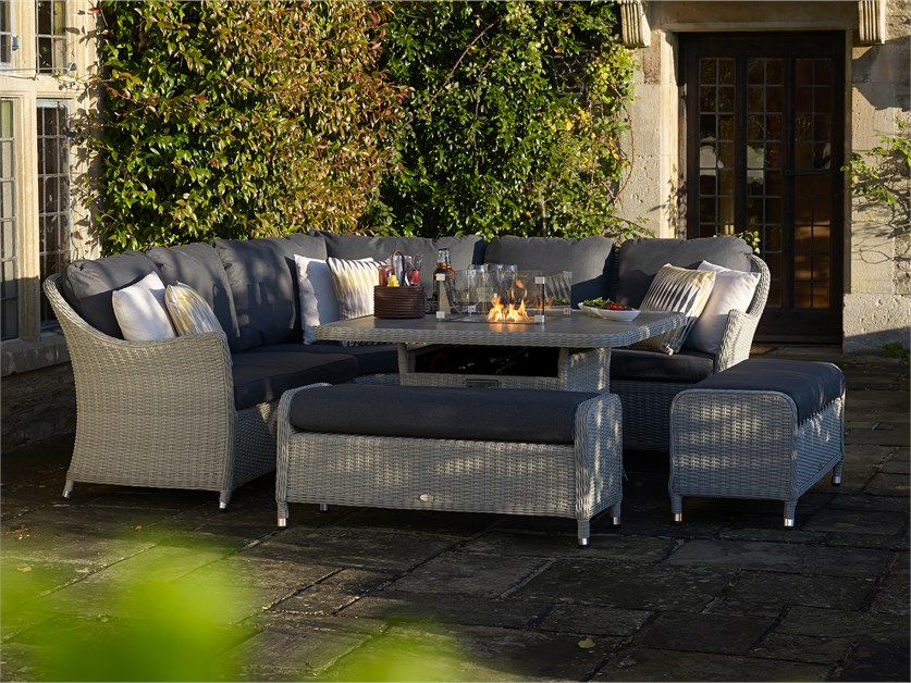 Monterey Dove Grey Rattan Curved Corner Sofa with Square Firepit Table & 2 Benches