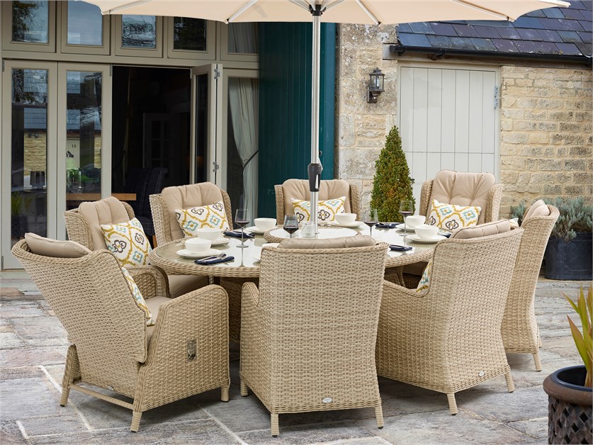 Somerford Rattan 8 Seat Elliptical Dining Set (including 2 Recliners) with Lazy Susan, Parasol & Base