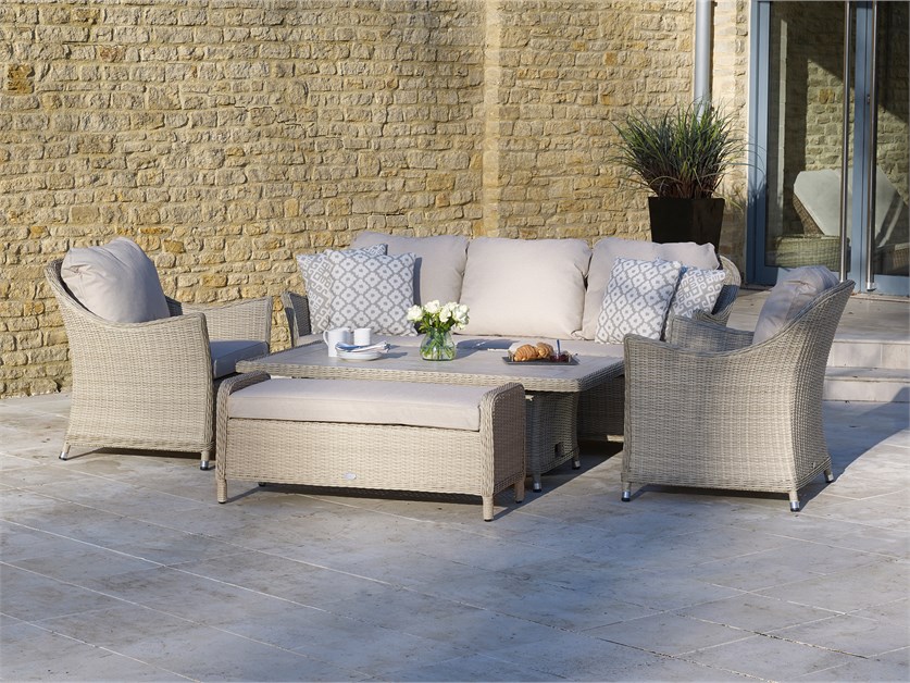 Monterey Sandstone Rattan 3 Seater Sofa with Dual Height Rectangle Table, 2 Armchairs & Bench
