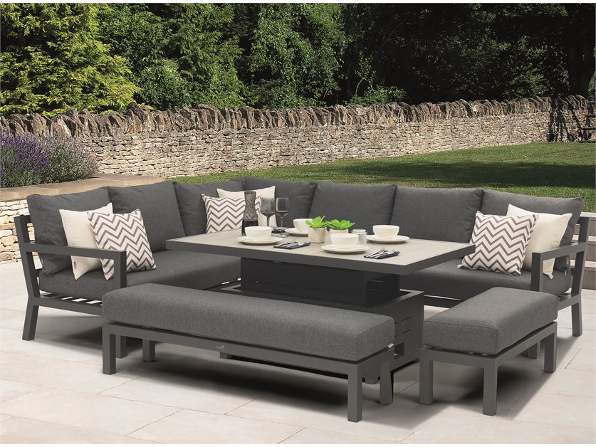 La Rochelle L-Shape Sofa with Rectangle Dual-Height Table, Large Bench & Standard Bench (Cushions in Slate Grey)