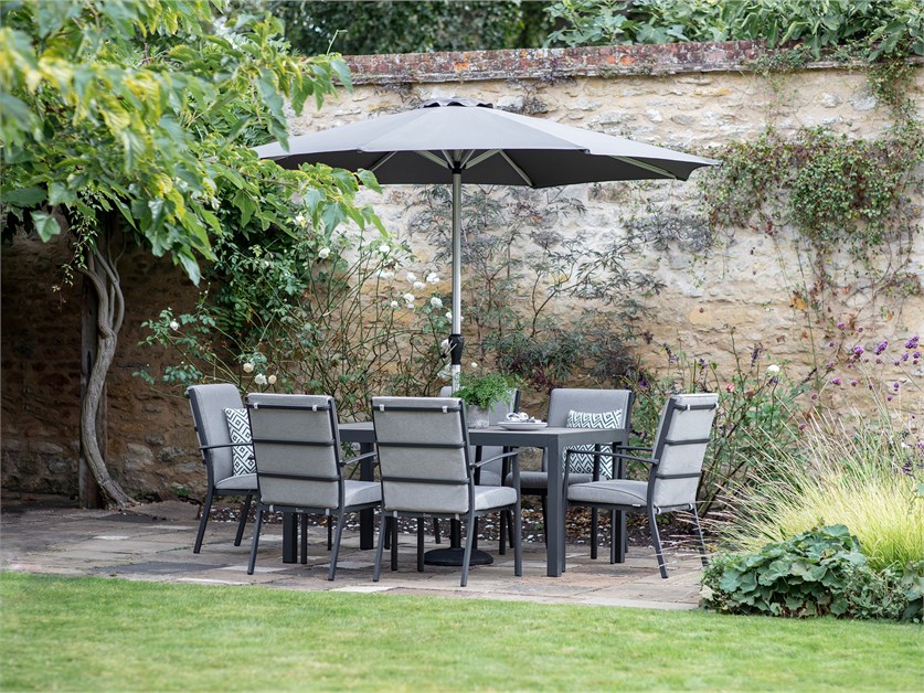 Seville 6 Seat Rectangle Dining Set with Valencia Armchairs, Parasol & Base