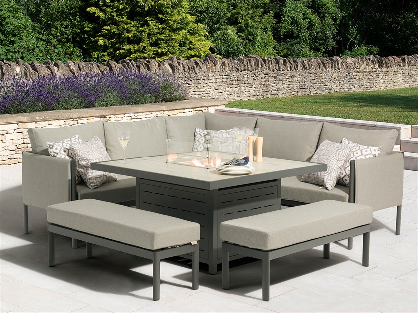 St Emilion Corner Sofa with Square Firepit Table & 2 Benches