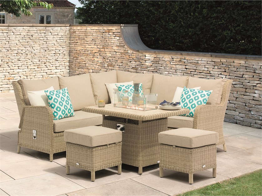 Chedworth Sandstone Rattan Reclining Mini Corner Sofa with Firepit Table & 2 Stools