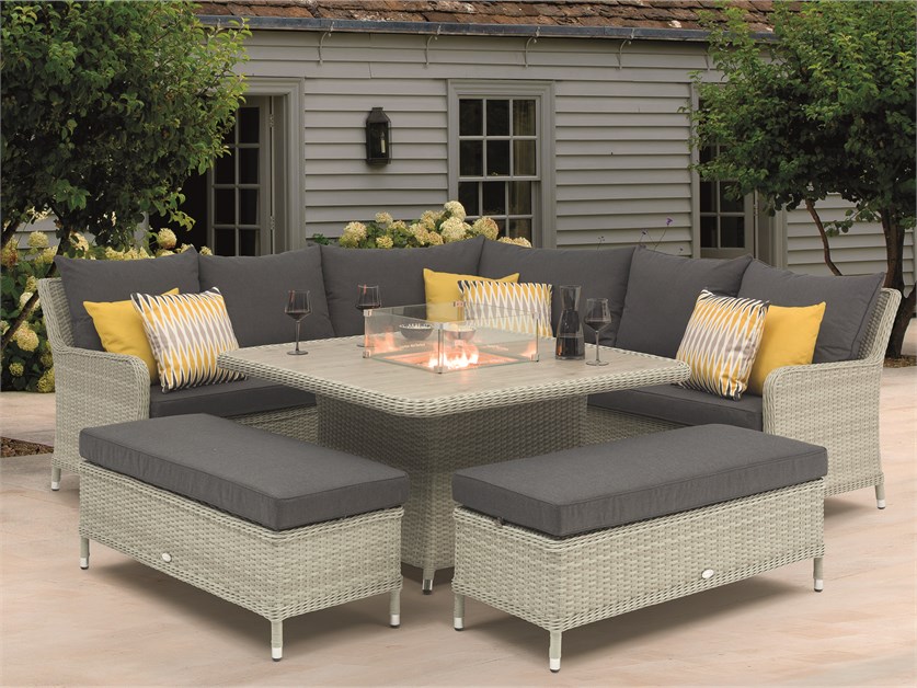 Hampton Cloud Rattan Corner Sofa with Square Firepit Table & 2 Benches
