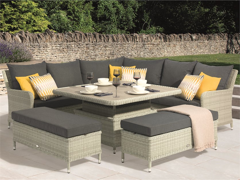 Hampton Cloud Rattan Corner Sofa with Square Dual Height Table & 2 Benches