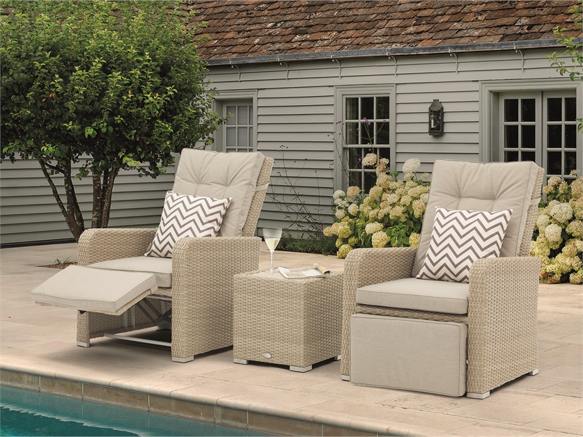 Kingscote Nutmeg Rattan Recliner Set with Integrated Footstools & Side Table