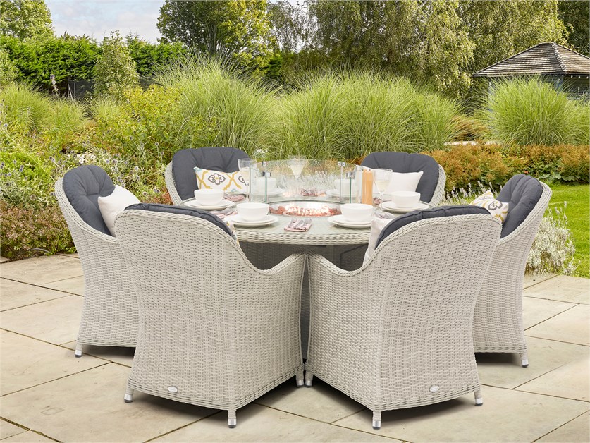 Monterey Dove Grey Rattan Round Dining Firepit Table with 6 Armchairs