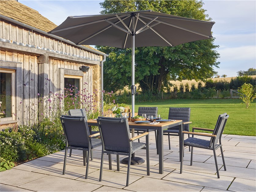 Bergen 6 Seat Rectangle Dining Set with Parasol & Base