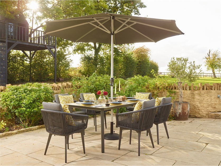 Palermo 6 Seat Rectangle Dining Set with Parasol & Base