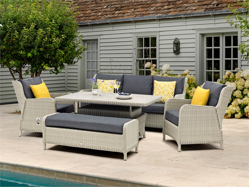 Chedworth Dove Grey Rattan 3 Seater Sofa with Rectangle Dual Height Table, 2 Armchairs & Bench