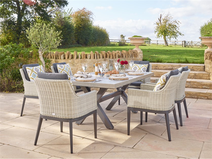 Monterey Dove Grey Ceramic Rectangle Dining Set with 6 Rattan Vogue Armchairs