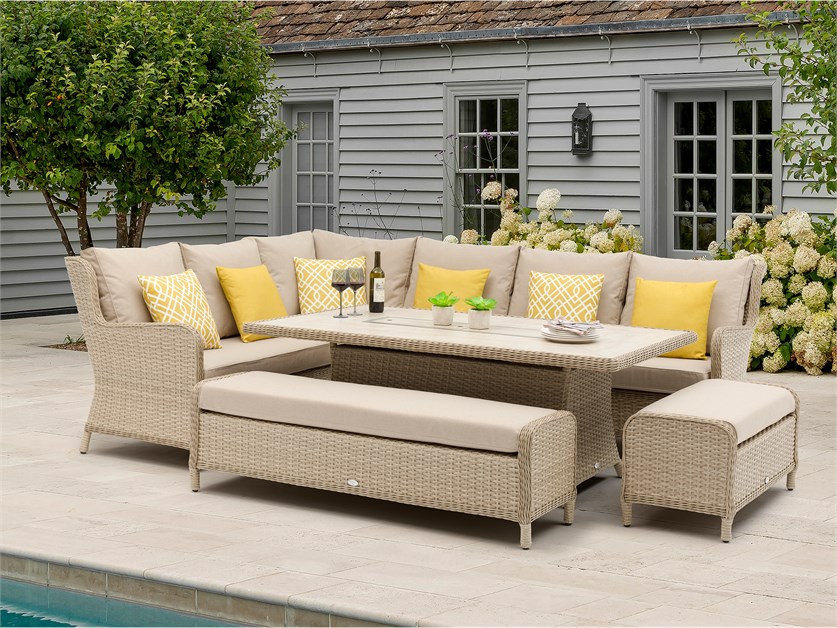 Somerford Rattan L-Shape Sofa with Rectangle Firepit Table & 2 Benches