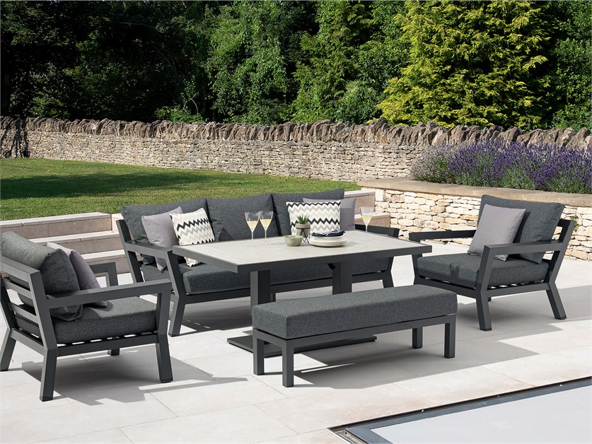 San Marino 3 Seater Sofa with Rectangle Piston Adjustable Table, 2 Armchairs & Bench