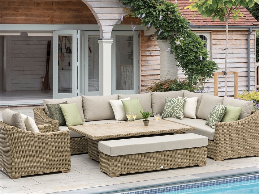 Fairford Rattan L-Shape Sofa with Rectangle Piston Adjustable Height Table, Bench & Chair